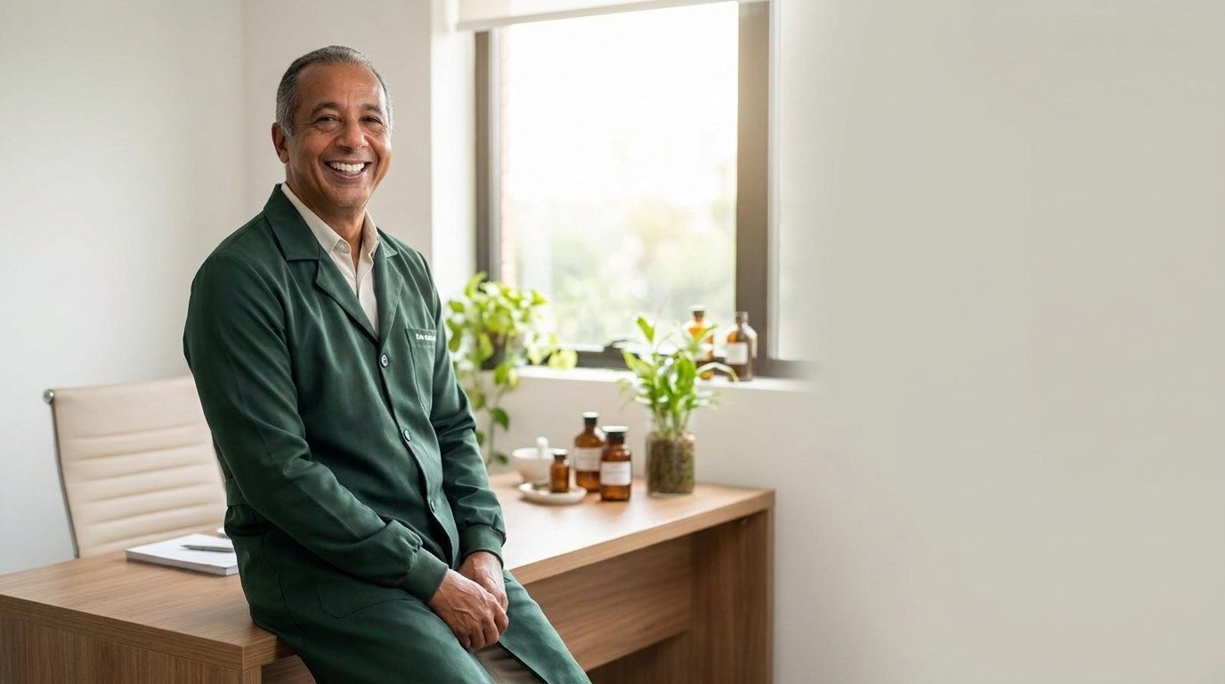 Luiz Campos, farmacêutico e terapeuta holístico, em seu consultório na Farmácia Dias da Cruz