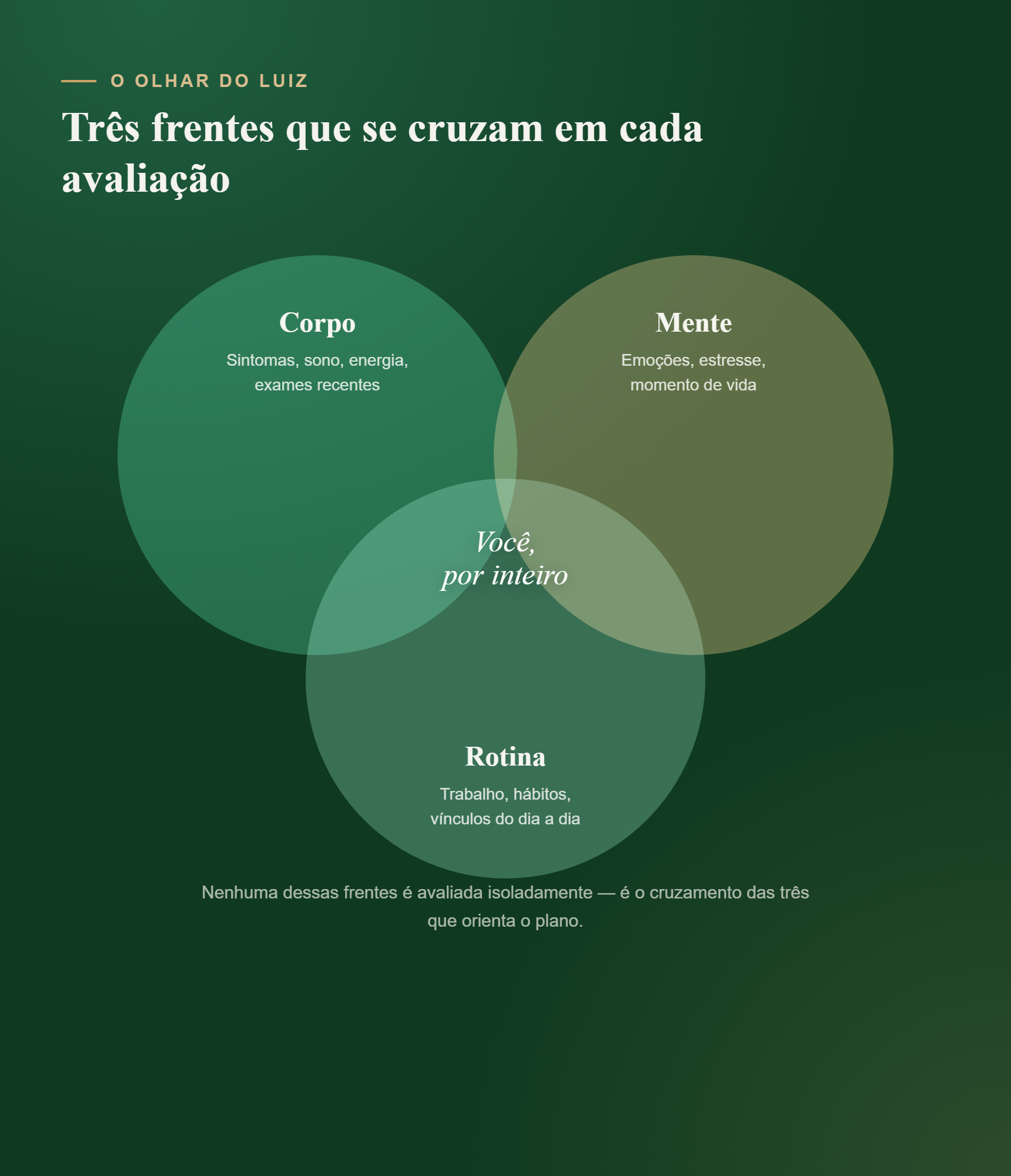 Infográfico: as três frentes que se cruzam em cada avaliação do Luiz Campos — corpo, mente e rotina, formando o olhar sobre a pessoa por inteiro